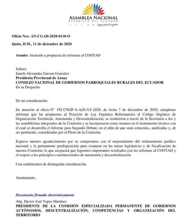 Lee más sobre el artículo Propuesta de reforma al Cootad llega a Comisión especializada de la Asamblea Nacional